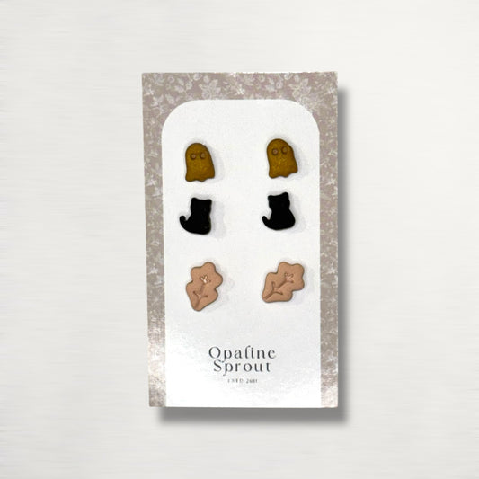 The October Studs – Ghost, Black Cat, Leaf Trio | Hypoallergenic 18K Gold-Plated – Handmade Jewelry