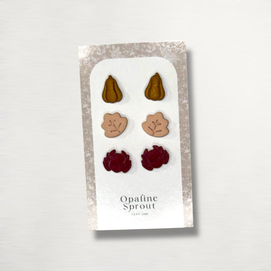 The October Studs – Pumpkin, Leaf, Spider Trio | Hypoallergenic 18K Gold-Plated – Handmade Jewelry