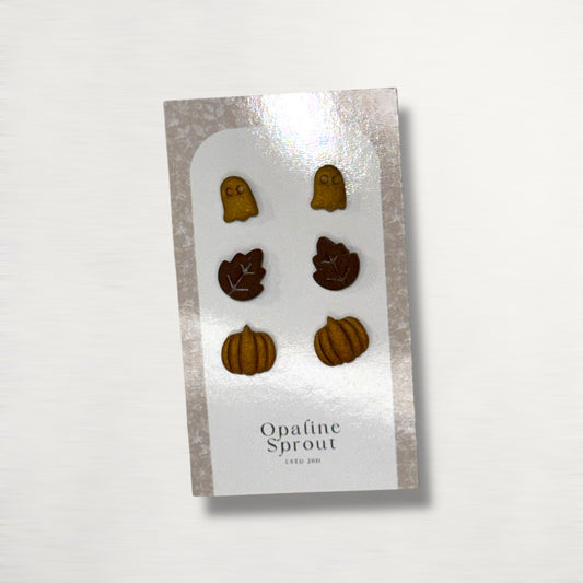 The October Studs – Ghost, Leaf, Pumpkin Trio | Hypoallergenic 18K Gold-Plated – Handmade Jewelry