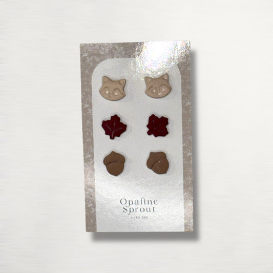 The October Studs – Raccoon, Leaf, Acorn Trio | Hypoallergenic 18K Gold-Plated – Handmade Jewelry