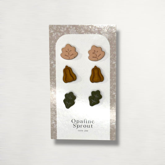 The October Studs – Leaves, Pumpkin Trio | Hypoallergenic 18K Gold-Plated – Handmade Jewelry