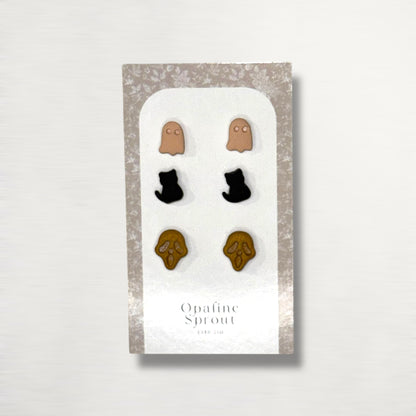 The October Studs – Ghost, Black Cat, Skull Trio | Hypoallergenic 18K Gold-Plated – Handmade Jewelry