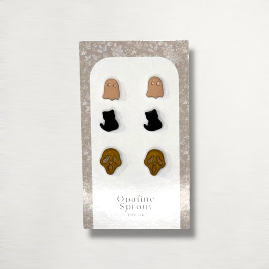 The October Studs – Ghost, Black Cat, Skull Trio | Hypoallergenic 18K Gold-Plated – Handmade Jewelry