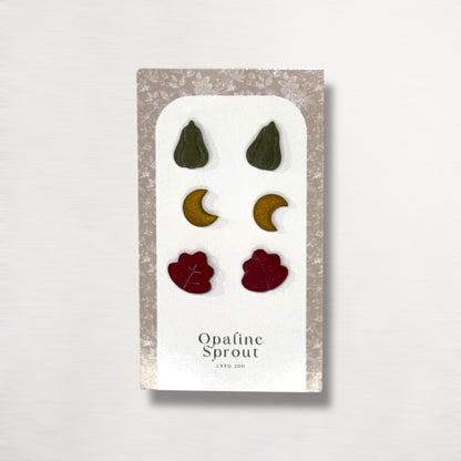 The October Studs – Pumpkin, Moon, Leaf Trio | Hypoallergenic 18K Gold-Plated – Handmade Jewelry