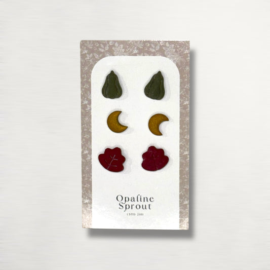 The October Studs – Pumpkin, Moon, Leaf Trio | Hypoallergenic 18K Gold-Plated – Handmade Jewelry