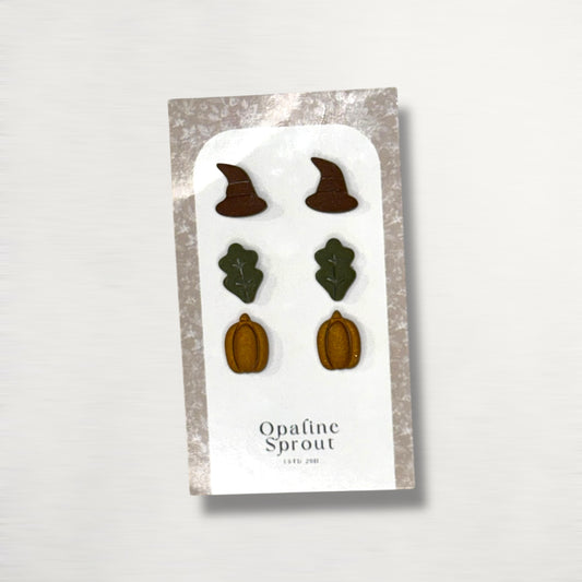 The October Studs – Witch Hat, Leaf, Pumpkin Trio | Hypoallergenic 18K Gold-Plated – Handmade Jewelry