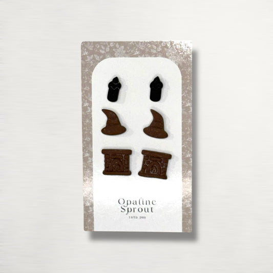 The October Studs – Black Flame Candle, Witch Hat, Fireplace Trio | Hypoallergenic 18K Gold-Plated – Handmade Jewelry