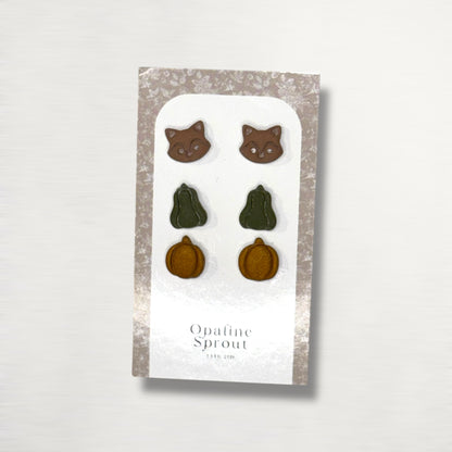 The October Studs – Raccoon, Pumpkins Trio | Hypoallergenic 18K Gold-Plated – Handmade Jewelry