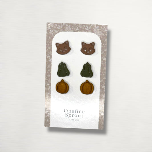 The October Studs – Raccoon, Pumpkins Trio | Hypoallergenic 18K Gold-Plated – Handmade Jewelry