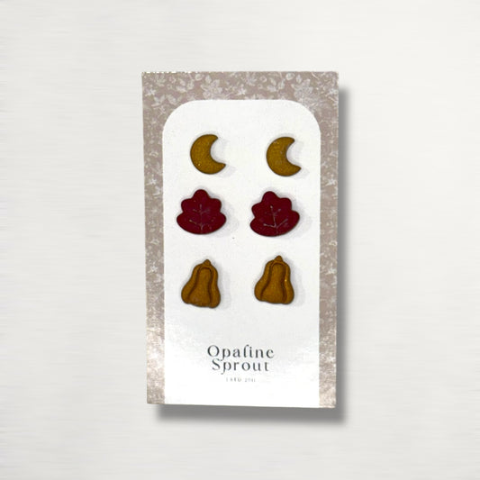 The October Studs – Crescent Moon, Leaf, Pumpkin Trio | Hypoallergenic 18K Gold-Plated – Handmade Jewelry