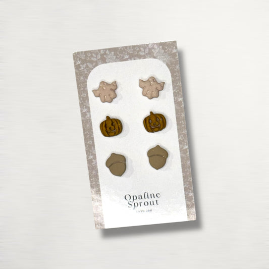 The October Studs – Ghost, Pumpkin, Acorn Trio | Hypoallergenic 18K Gold-Plated – Handmade Jewelry