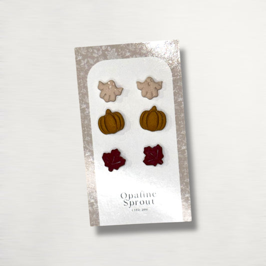 The October Studs – Ghost, Pumpkin, Leaf Trio | Hypoallergenic 18K Gold-Plated – Handmade Jewelry