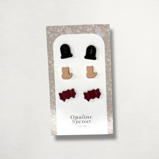 The October Studs – Headstone, Cat, Spider Trio | Hypoallergenic 18K Gold-Plated – Handmade Jewelry