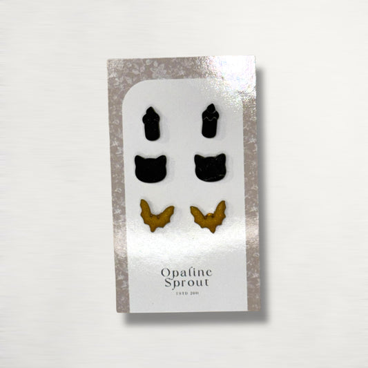 The October Studs – Black Flame Candle, Black Cat, Bat Trio | Hypoallergenic 18K Gold-Plated – Handmade Jewelry