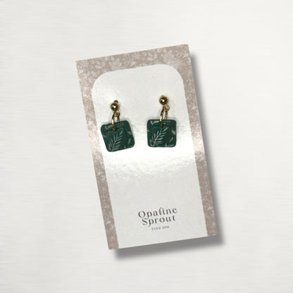 Drop Dangle Earrings · Hypoallergenic 18K Gold Plated Stainless Steel · Clay Earrings · Green Floral Dainty Bezel Square · Spring