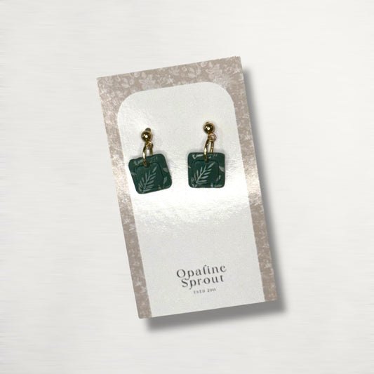 Drop Dangle Earrings · Hypoallergenic 18K Gold Plated Stainless Steel · Clay Earrings · Green Floral Dainty Bezel Square · Spring