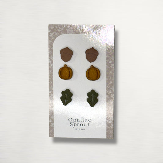 The October Studs – Acorn, Pumpkin, Leaf Trio | Hypoallergenic 18K Gold-Plated – Handmade Jewelry