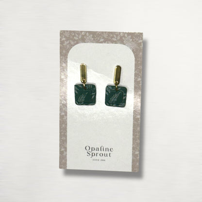 Drop Dangle Earrings · Hypoallergenic 18K Gold Plated Stainless Steel · Clay Earrings · Green Floral Dainty Bezel Square · Spring