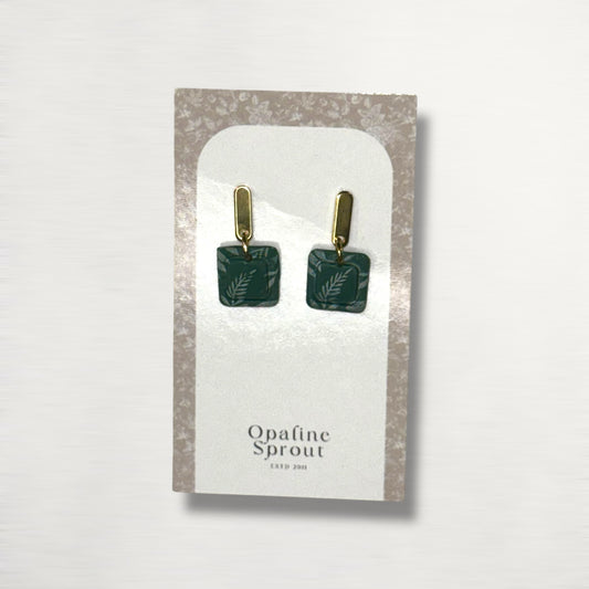 Drop Dangle Earrings · Hypoallergenic 18K Gold Plated Stainless Steel · Clay Earrings · Green Floral Dainty Bezel Square · Spring