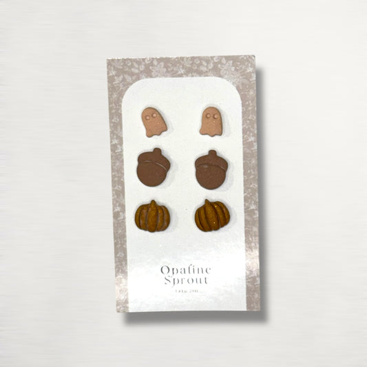 The October Studs – Ghost, Acorn, Pumpkin Trio | Hypoallergenic 18K Gold-Plated – Handmade Jewelry