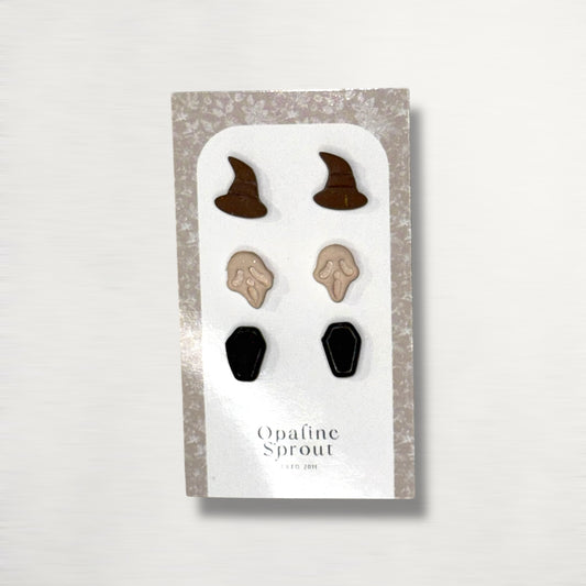 The October Studs – Witch Hat, Skull, Coffin Trio | Hypoallergenic 18K Gold-Plated – Handmade Jewelry