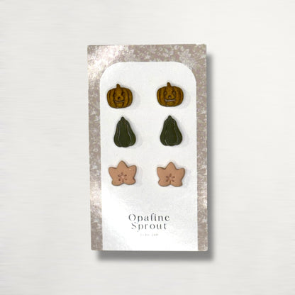 The October Studs – Pumpkins, Leaf Trio | Hypoallergenic 18K Gold-Plated – Handmade Jewelry