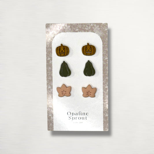 The October Studs – Pumpkins, Leaf Trio | Hypoallergenic 18K Gold-Plated – Handmade Jewelry