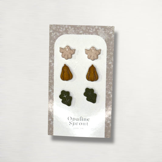 The October Studs – Ghost, Pumpkin, Leaf Trio | Hypoallergenic 18K Gold-Plated – Handmade Jewelry