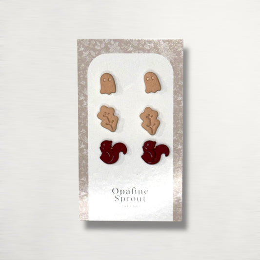The October Studs – Ghost, Leaf, Squirrel Trio | Hypoallergenic 18K Gold-Plated – Handmade Jewelry