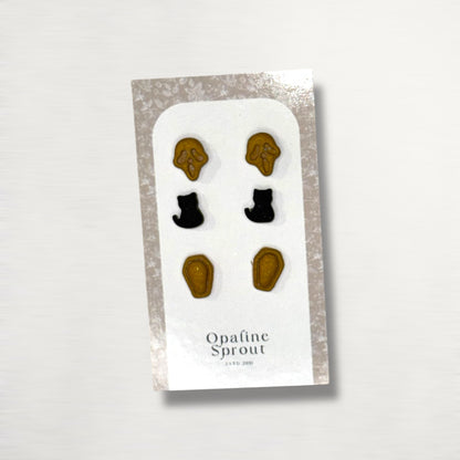 The October Studs – Skull, Black Cat, Coffin Trio | Hypoallergenic 18K Gold-Plated – Handmade Jewelry