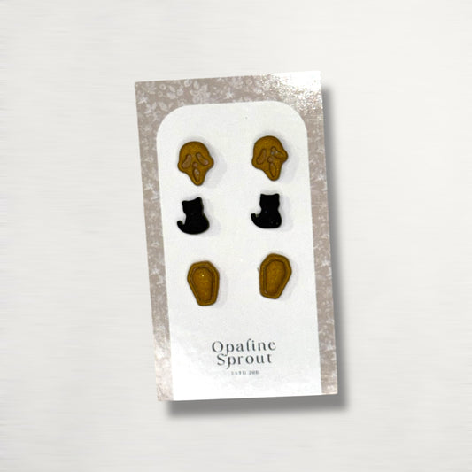 The October Studs – Skull, Black Cat, Coffin Trio | Hypoallergenic 18K Gold-Plated – Handmade Jewelry