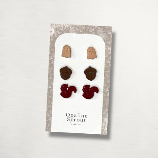 The October Studs – Ghost, Acorn, Squirrel Trio | Hypoallergenic 18K Gold-Plated – Handmade Jewelry