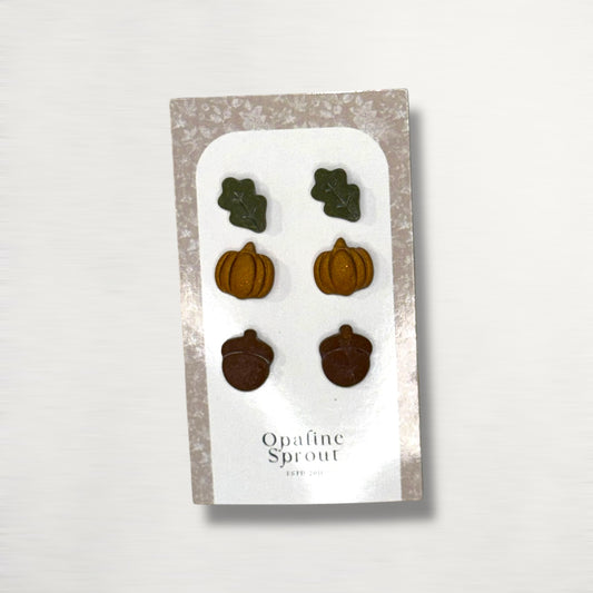 The October Studs – Leaf, Pumpkin, Acorn Trio | Hypoallergenic 18K Gold-Plated – Handmade Jewelry