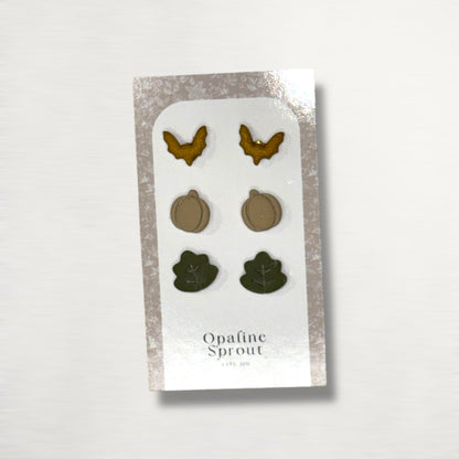 The October Studs – Bat, Pumpkin, Leaf Trio | Hypoallergenic 18K Gold-Plated – Handmade Jewelry