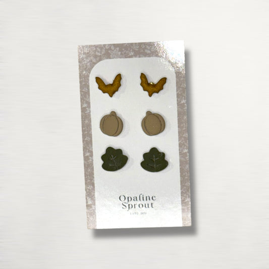The October Studs – Bat, Pumpkin, Leaf Trio | Hypoallergenic 18K Gold-Plated – Handmade Jewelry