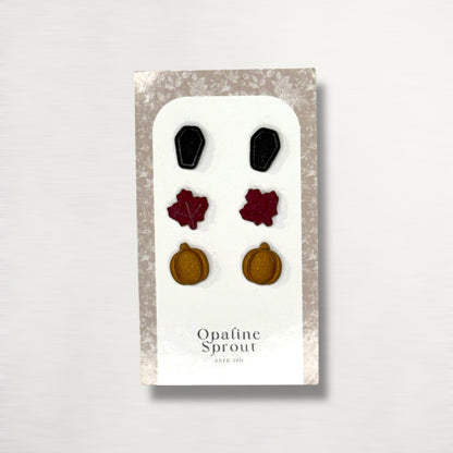 The October Studs – Coffin, Leaf, Pumpkin Trio | Hypoallergenic 18K Gold-Plated – Handmade Jewelry