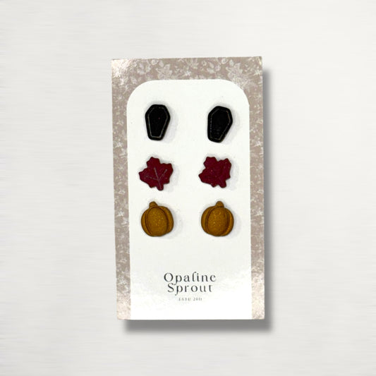The October Studs – Coffin, Leaf, Pumpkin Trio | Hypoallergenic 18K Gold-Plated – Handmade Jewelry