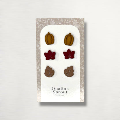 The October Studs – Pumpkin, Leaves Trio | Hypoallergenic 18K Gold-Plated – Handmade Jewelry