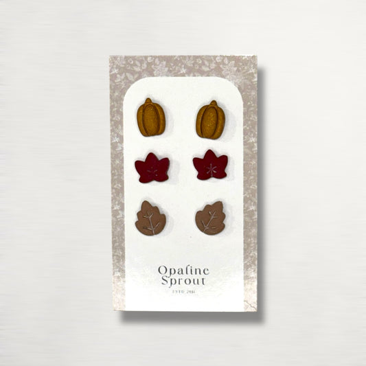 The October Studs – Pumpkin, Leaves Trio | Hypoallergenic 18K Gold-Plated – Handmade Jewelry