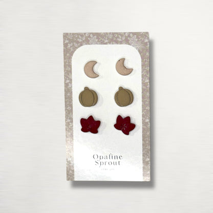 The October Studs – Moon, Pumpkin, Maple Leaf Trio | Hypoallergenic 18K Gold-Plated – Handmade Jewelry