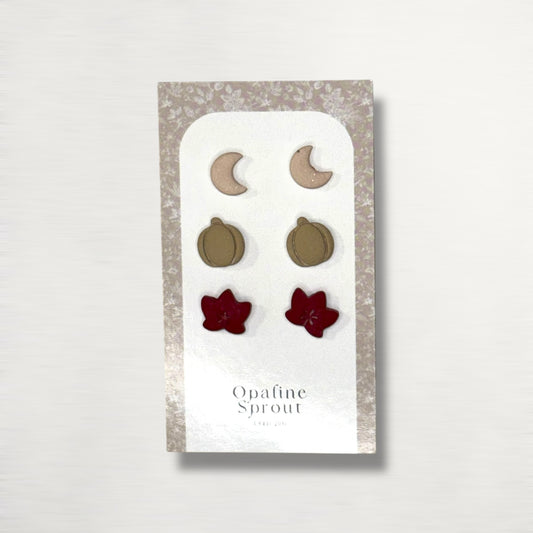 The October Studs – Moon, Pumpkin, Maple Leaf Trio | Hypoallergenic 18K Gold-Plated – Handmade Jewelry