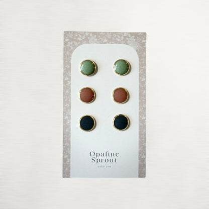 The Dot Studs – Prickly Pear, Slate Blue, Coral