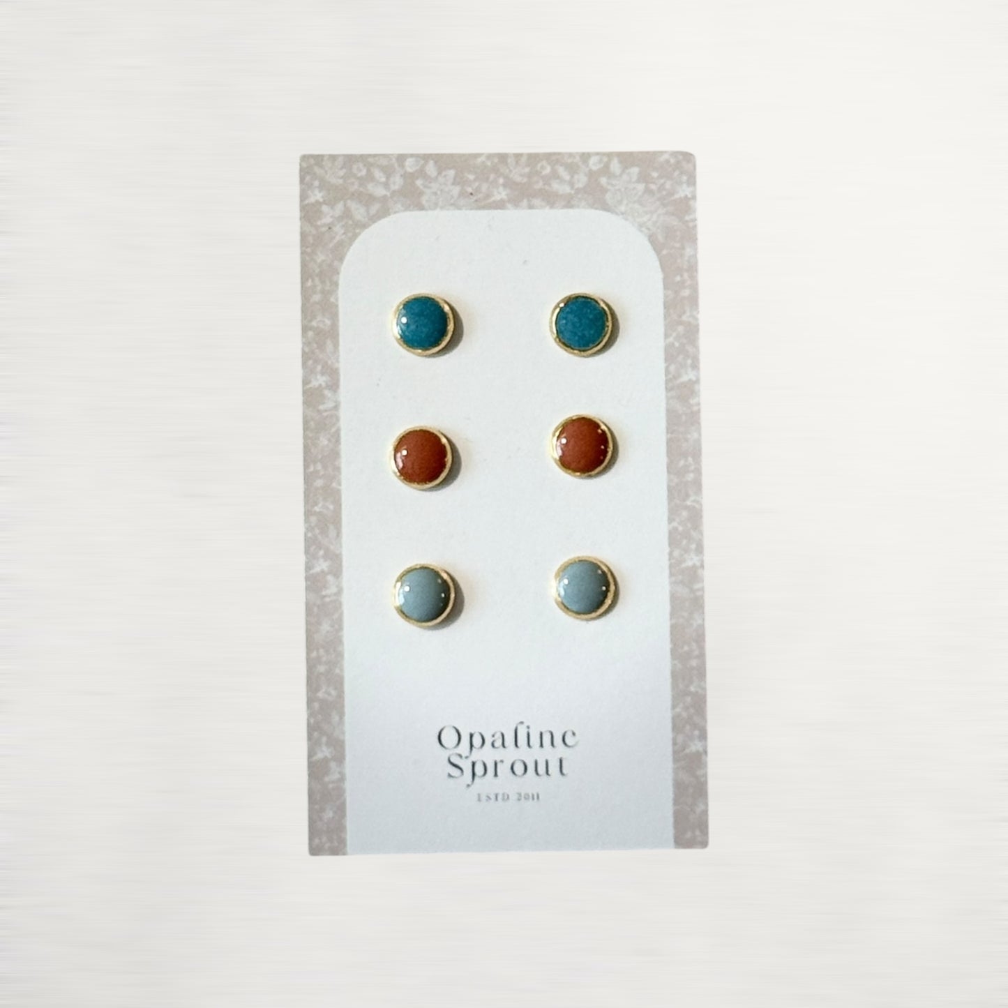 The Dot Studs – Dusty Mint, Slate Blue, Coral