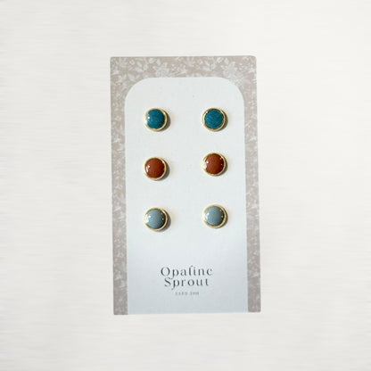 The Dot Studs – Dusty Mint, Slate Blue, Coral