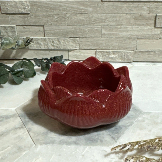 Ruby Glow: Wine Red & Gold Lotus Tea Light Holder