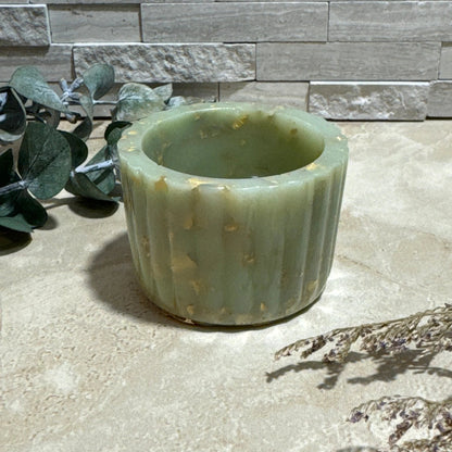 Sage Glow: Ribbed Tea Light Holder with Gold Flakes