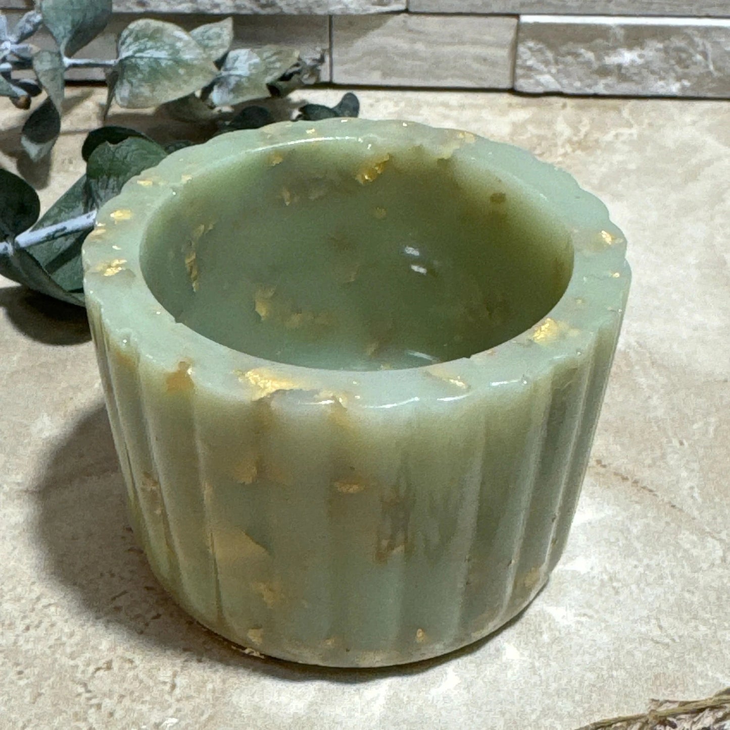 Sage Glow: Ribbed Tea Light Holder with Gold Flakes